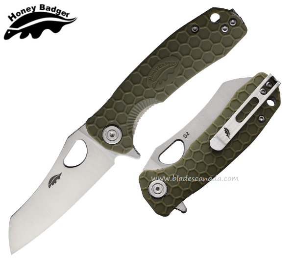 Honey Badger Mini Wharncleaver Flipper Folding Knife, No Choil, D2 Steel, FRN Green, HB1169
